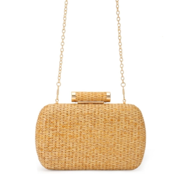 Tan Rattan Hard Case Clutch Purse Woven Wicker Handbag Crossbody Bag Long Chain - Picture 7 of 13